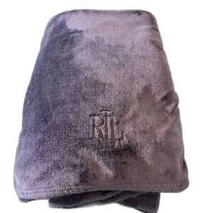 Lauren Ralph Lauren Throw Blanket Navy Velour Embroidered LRL Luxury Cozy Hotel